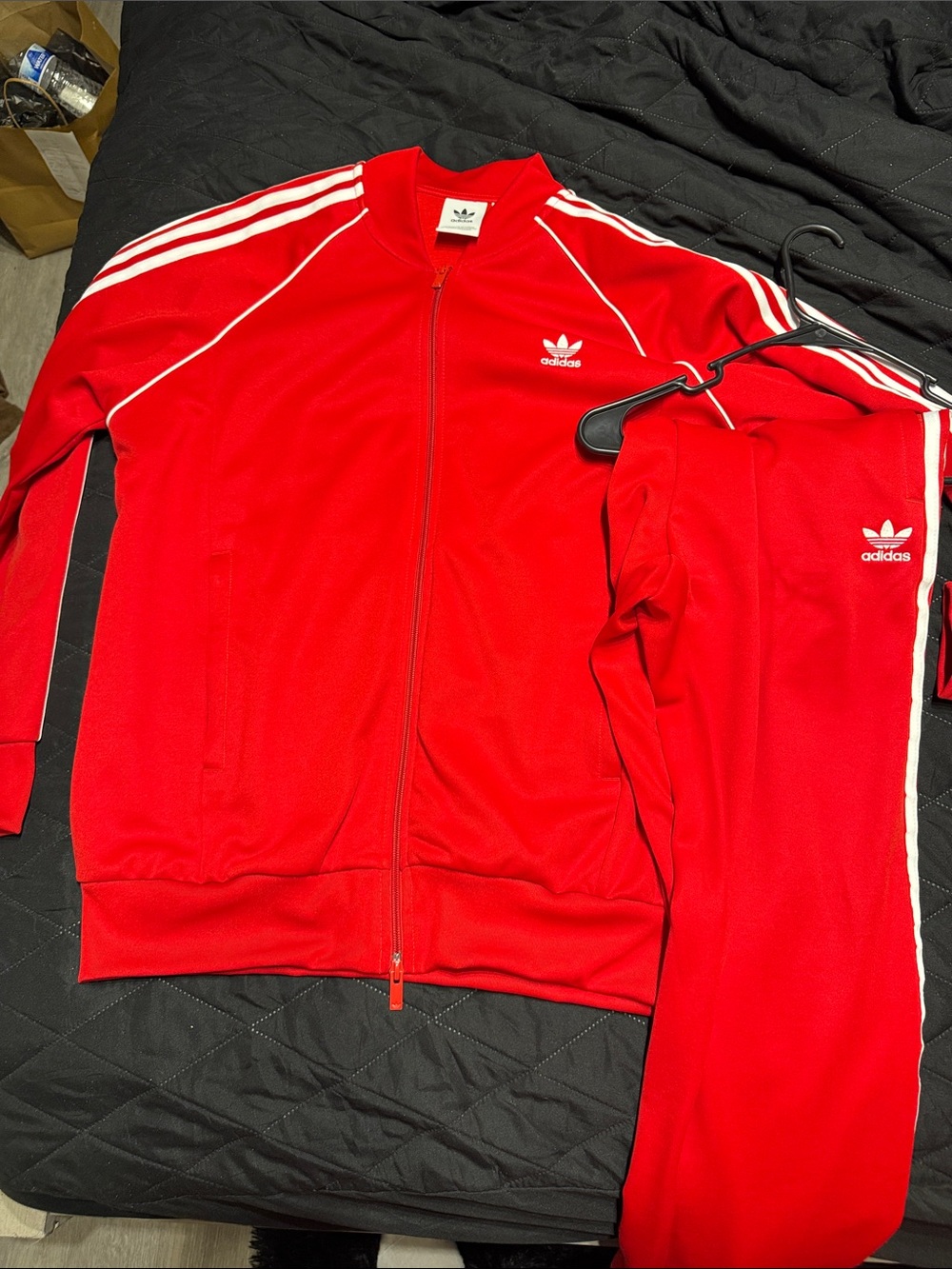 adidas Red Trefoil Zip-Up Track Jacket with White Stripes with pants